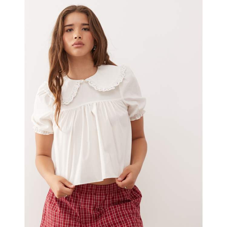 COLLUSION smock blouse with lace trim collar detail in white