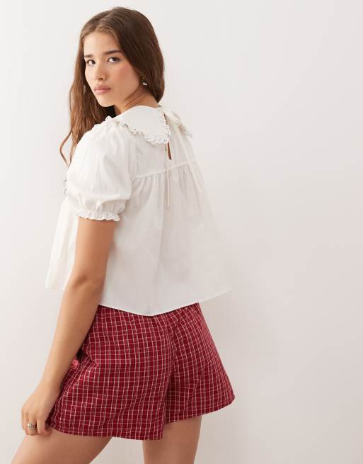 COLLUSION smock blouse with lace trim collar detail in white