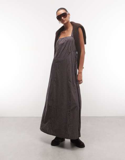 COLLUSION smock channel detail maxi dress in brown check - view 1