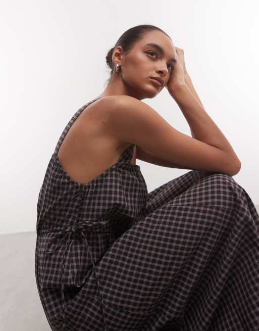 COLLUSION smock channel detail maxi dress in brown check, 3 of 4