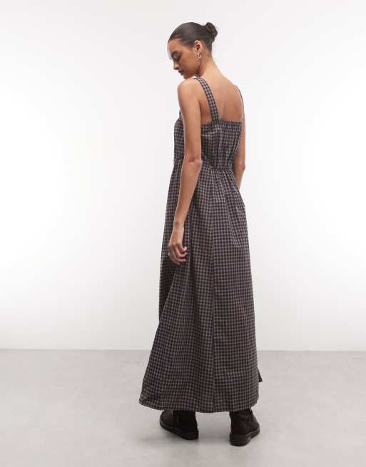 COLLUSION smock channel detail maxi dress in brown check, 4 of 4