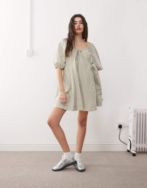 COLLUSION smock dress in green stripe - view 1