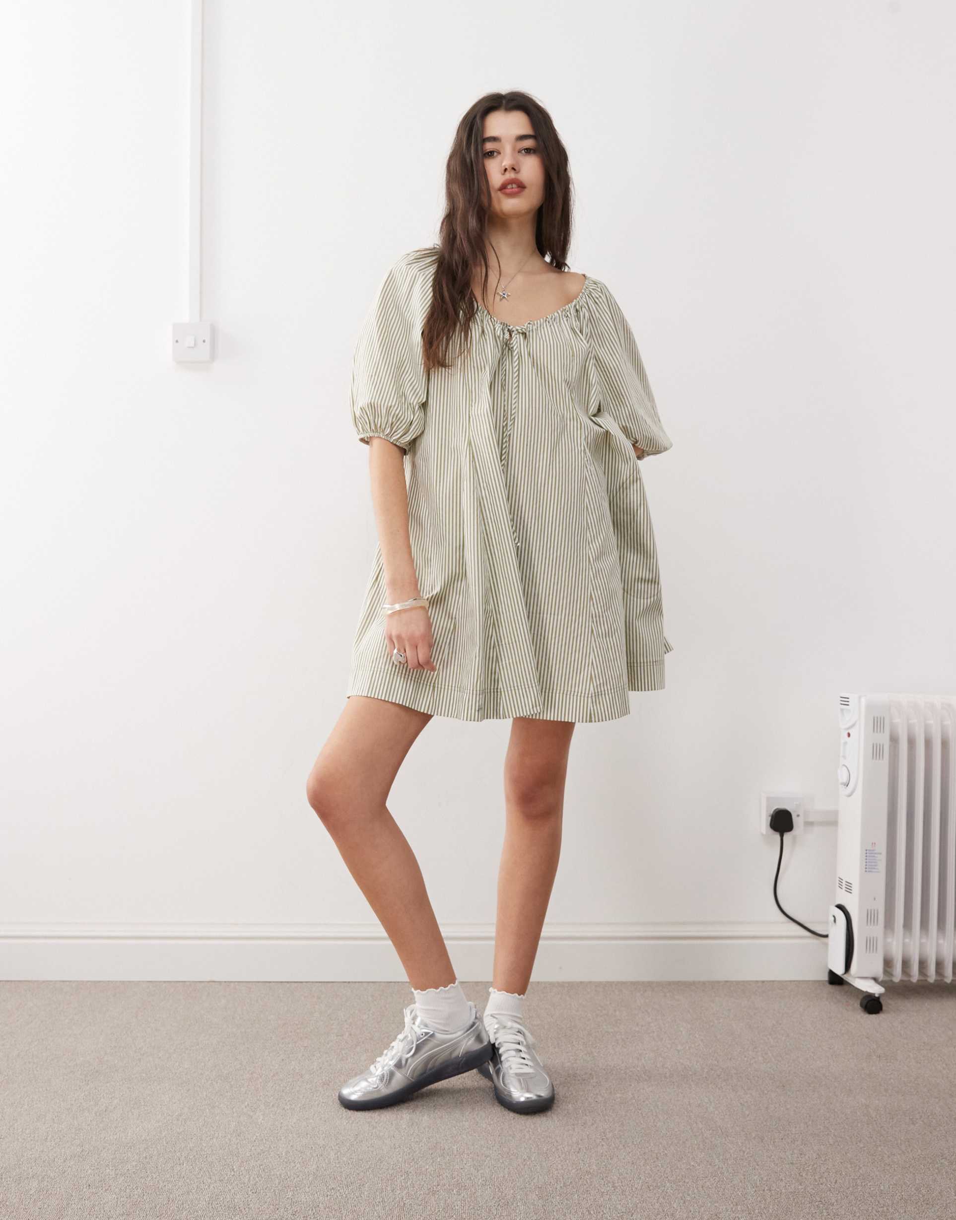 collusion smock dress in green stripe