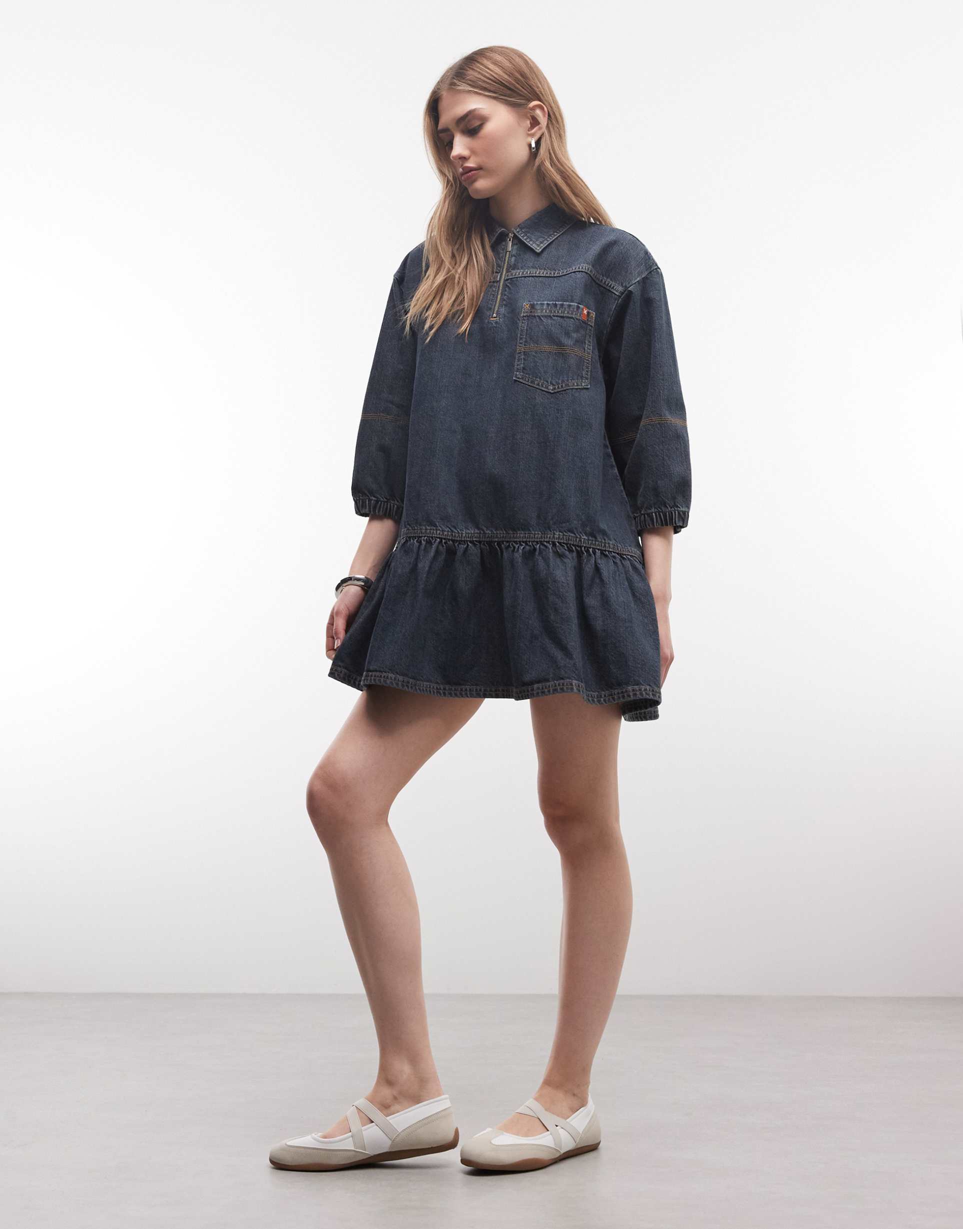 collusion smock dress with puff sleeves in dark wash