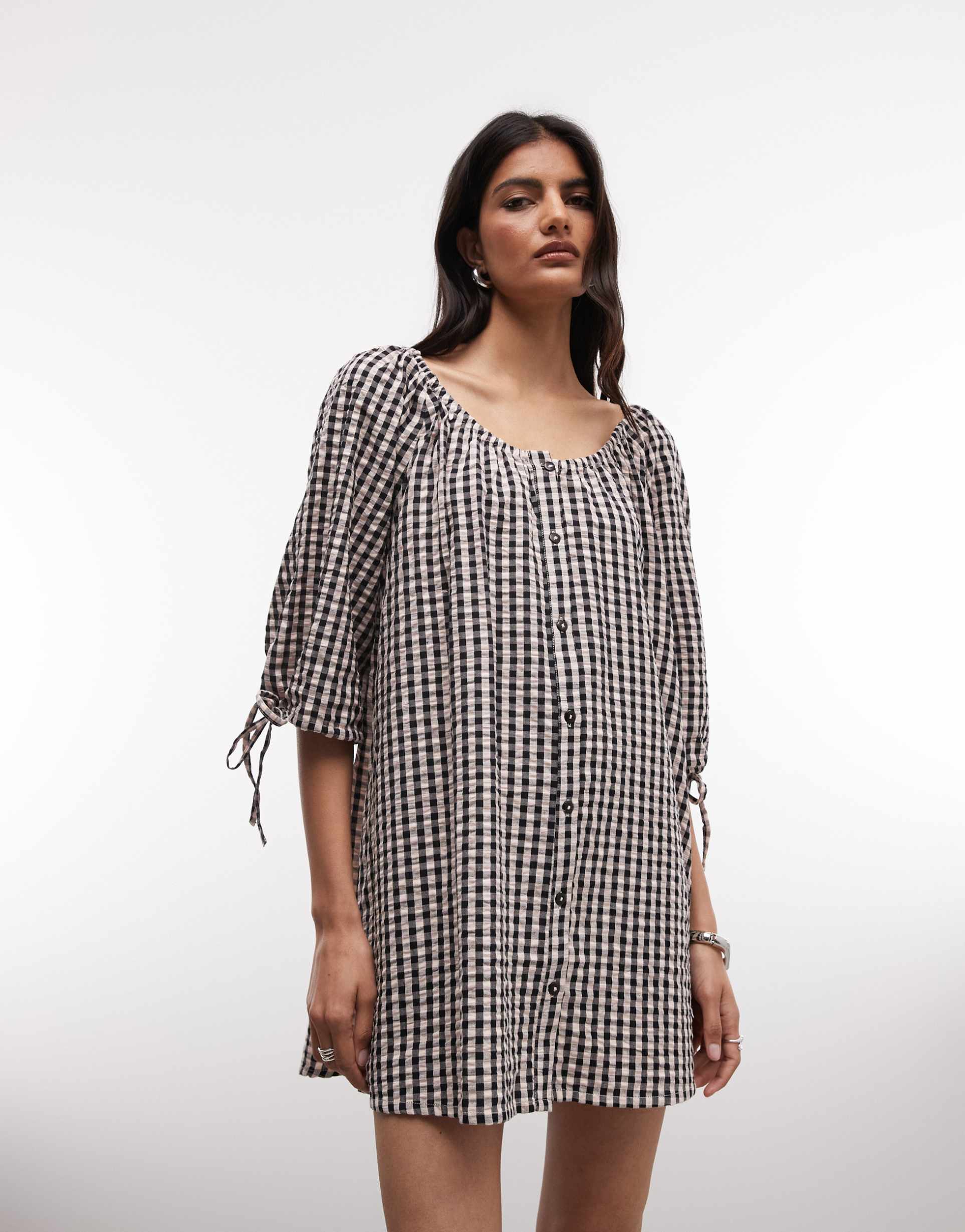 collusion smock long sleeve mini dress in beige and black gingham
