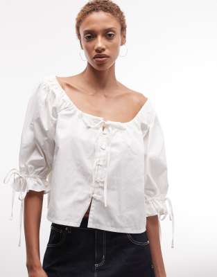 Collusion Smock Tie Neck Blouse In White