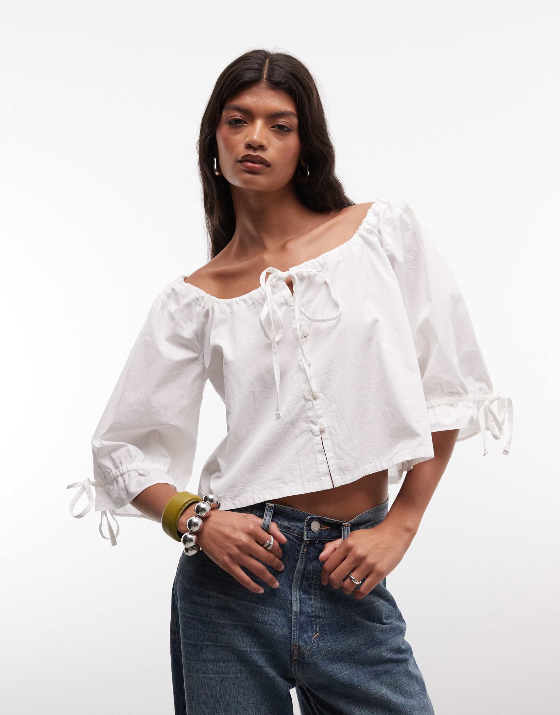 collusion smock tie neck blouse in white