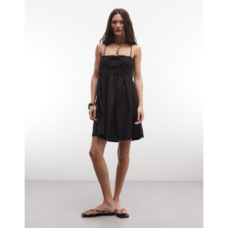 black smocked mini dress Black Knot Detail Smocked Mini Dress