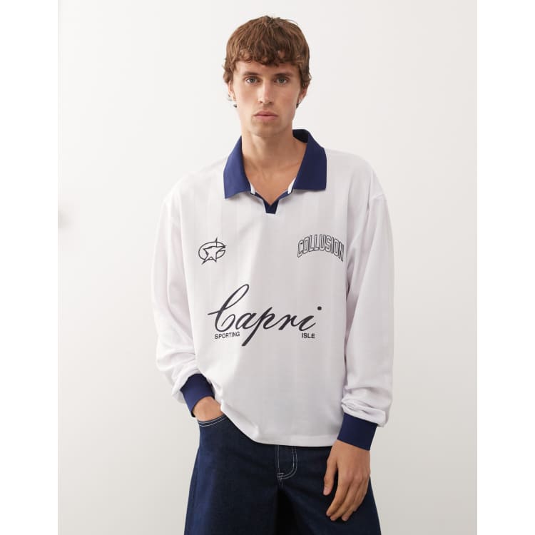 COLLUSION soccer jersey in white with Capri print | ASOS