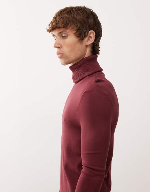 COLLUSION soft knit turtle neck in burgundy, 4 of 5