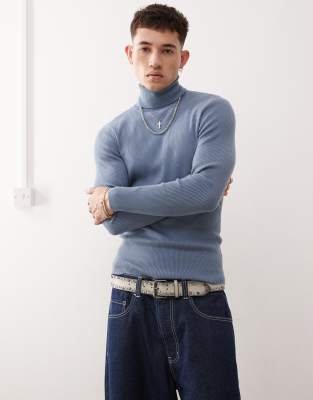 soft knit turtleneck in denim blue