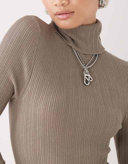 COLLUSION soft knitted ribbed roll neck in brown