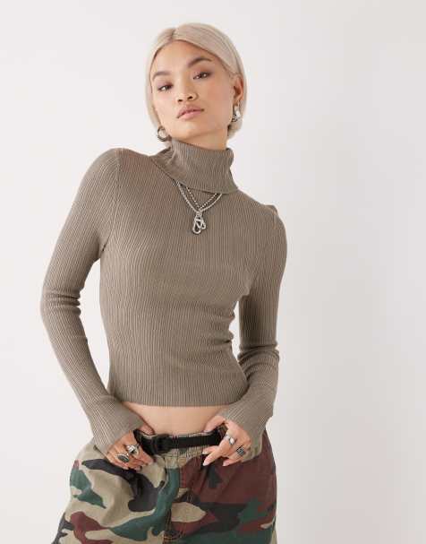 COLLUSION soft knitted ribbed roll neck jumper in brown - view 1