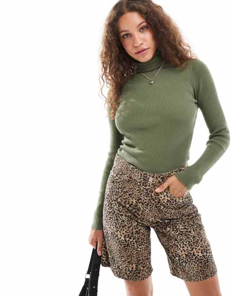 COLLUSION soft knitted ribbed roll neck jumper in khaki - view 1