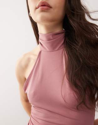 Collusion Soft Slinky Halter Neck Crop Top In Pink