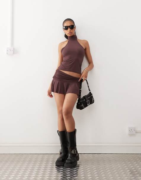 COLLUSION soft slinky micro mini ruched skirt in chocolate (part of a set) - view 1