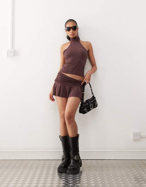 COLLUSION soft slinky micro mini ruched skirt in chocolate (part of a set)