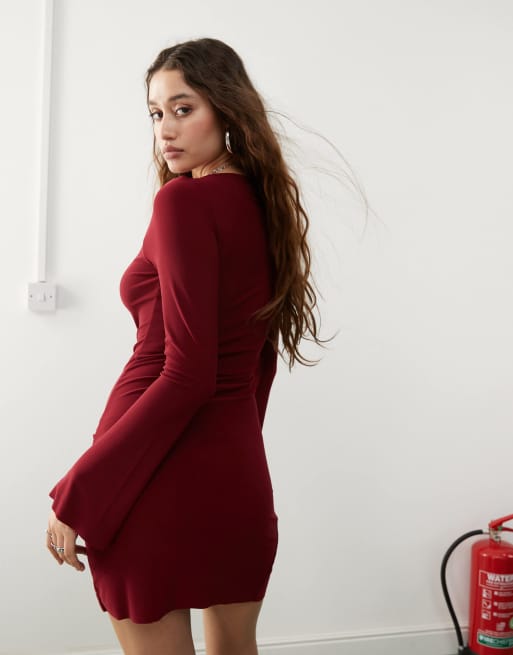 COLLUSION soft slinky mini ruched bodycon dress in burgundy