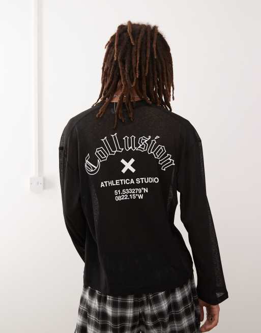 COLLUSION - Sort gennemsigtig T-shirt med tekstur og firkantet skater fit samt lange ærmer og print