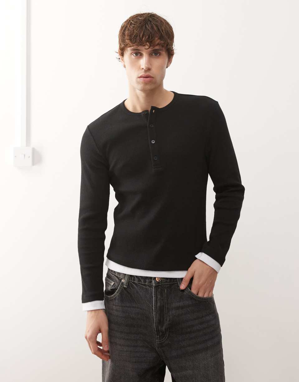 Black double-layer henley T-shirt