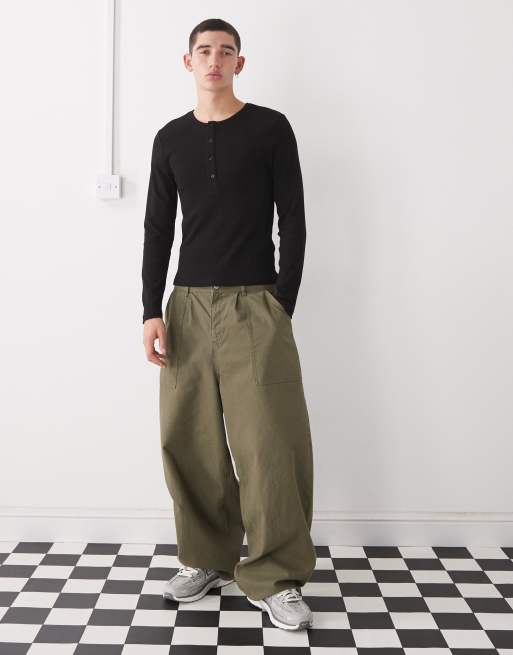 COLLUSION long sleeve rib Henley slim fit T-shirt in black