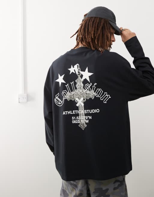 COLLUSION - Sort og langærmet skater-t-shirt med grafik på ryggen