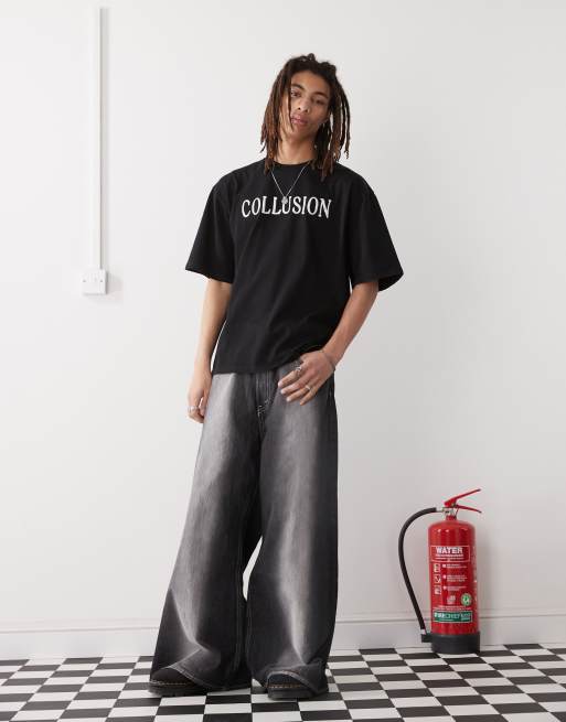 COLLUSION - Sort T-shirt med broderet branding i firkantet pasform
