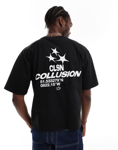 COLLUSION - Sort T-shirt med firkantet skate fit og retro puff-design - view 1