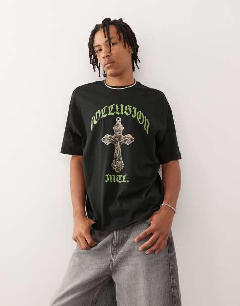 COLLUSION - Sort T-shirt med grønt print - view 1