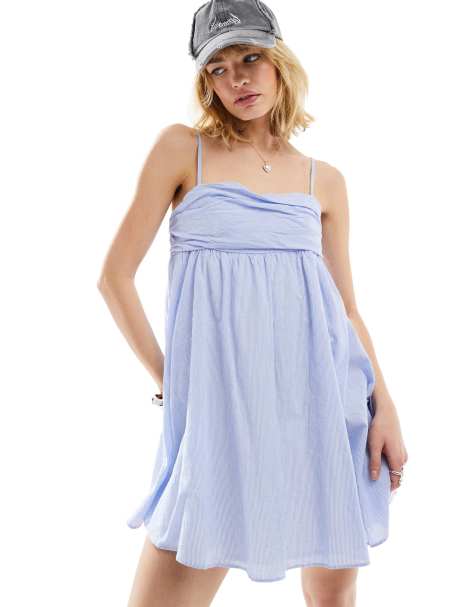 COLLUSION spaghetti strap volume mini sun dress in blue stripe - view 1