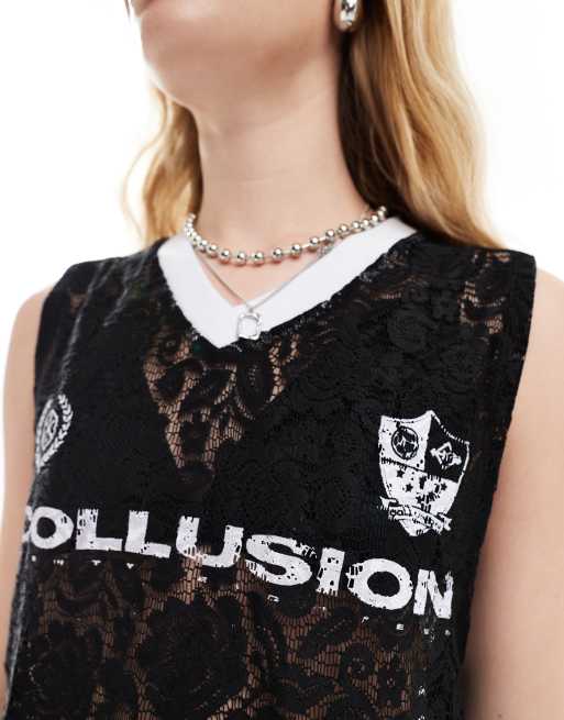 COLLUSION – Spitzen-Tanktop in Schwarz mit V-Ausschnitt und Fußball-Print, 2 von 4