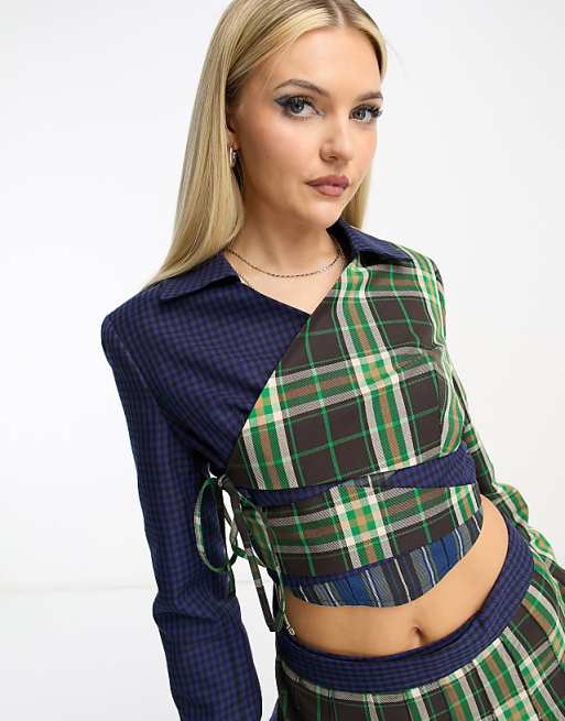 COLLUSION spliced check cropped blazer with wrap detail in COLLUSION spliced check cropped blazer with wrap detail in