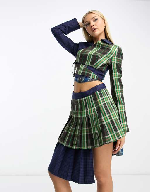 COLLUSION spliced check skirt with stepped detail at hem in multi