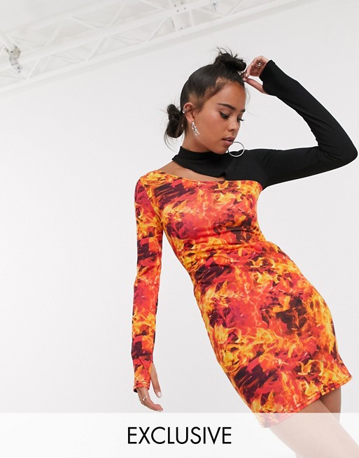 COLLUSION long sleeve mini dress in spliced flame print