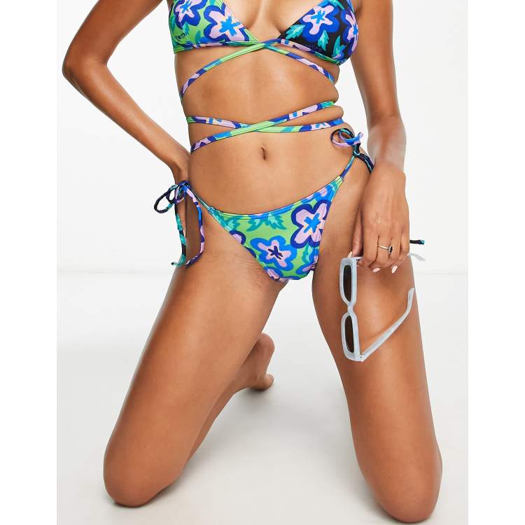 COLLUSION high thigh swimsuit, bikini & skirt in tropical fruit print