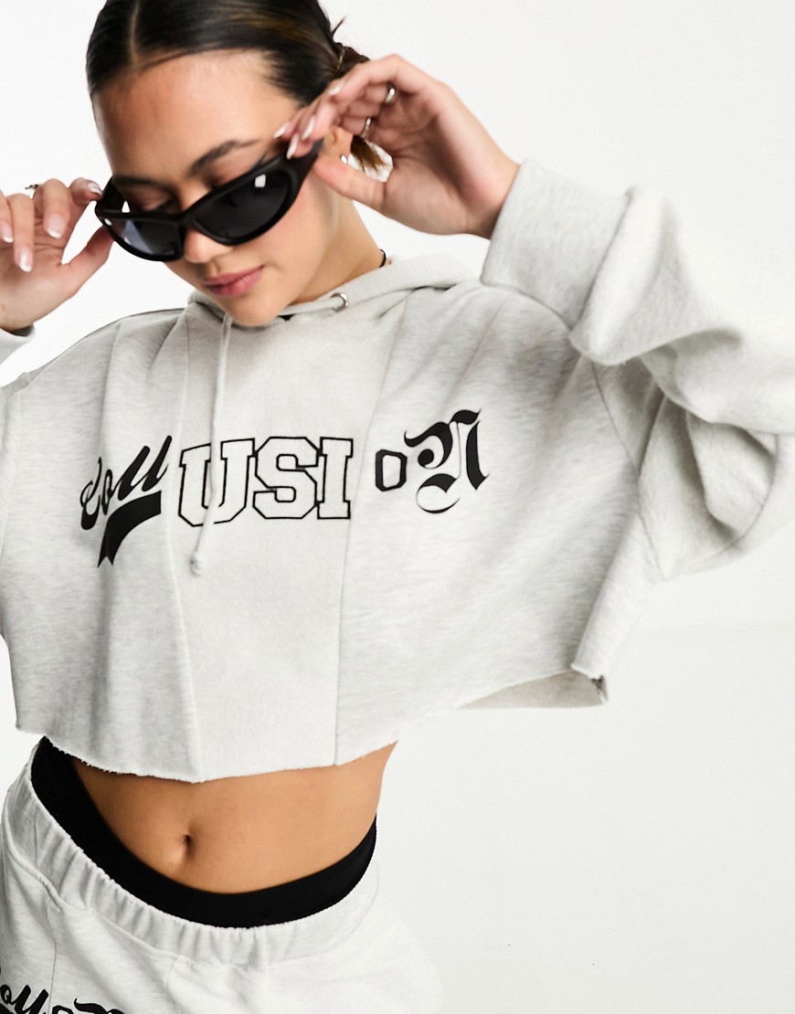 COLLUSION spliced varsity cropped hoodie co-ord in grey