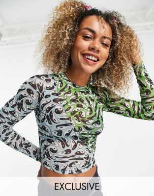 Collusion COLLUSION spliced ying yang mesh long sleeve top in aqua-Blue