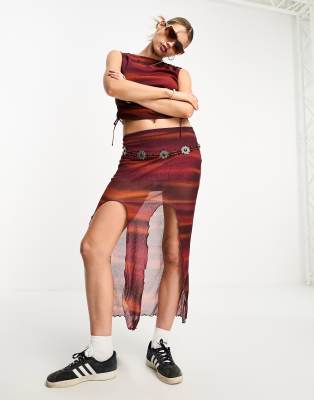 COLLUSION split front abstract print maxi skirt in red