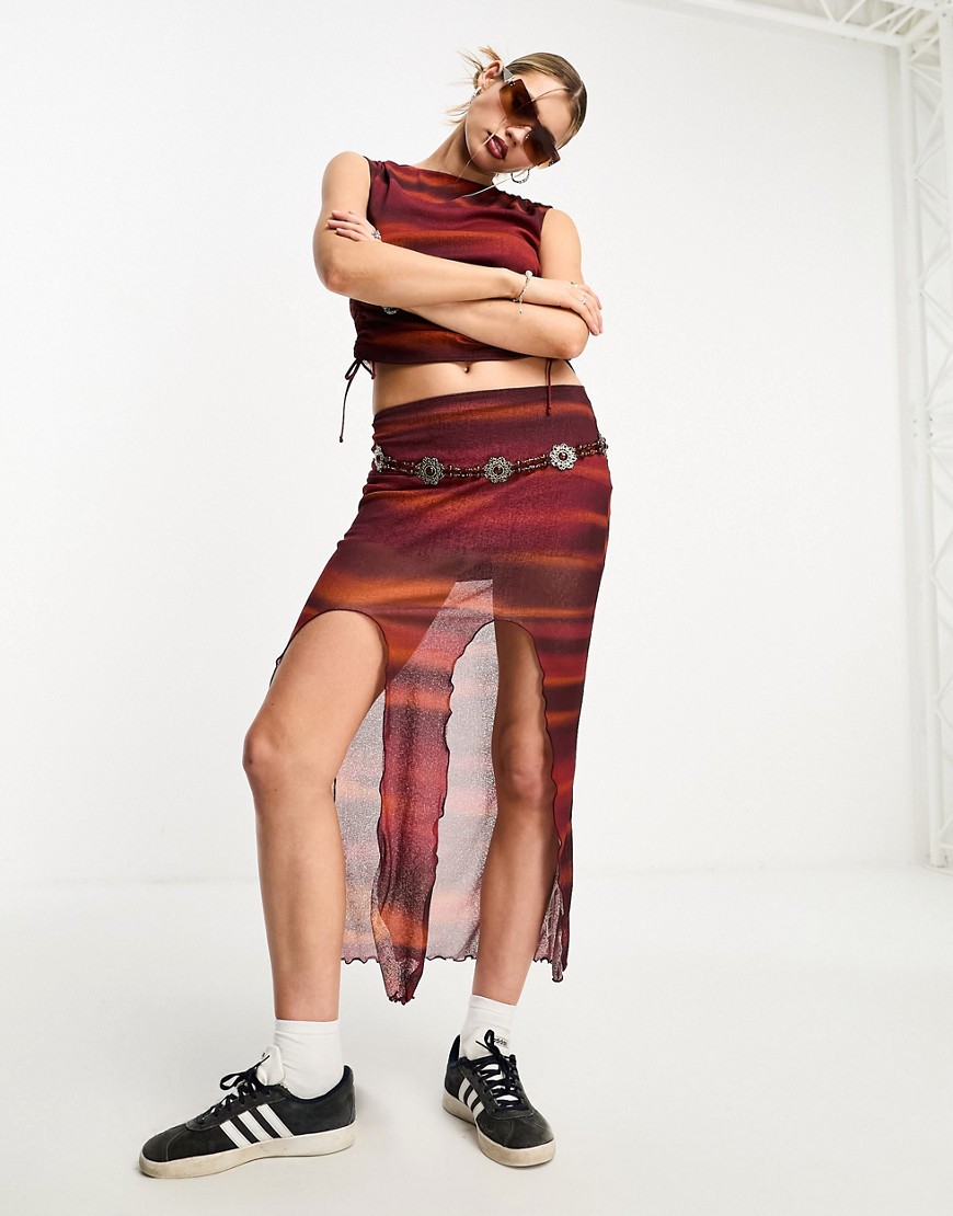 Collusion Split Front Abstract Print Maxi Skirt In Red