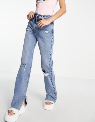 split hem straight leg jeans in vintage blue