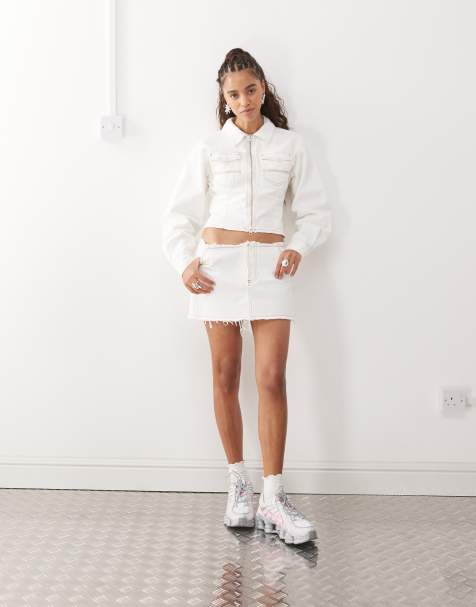 COLLUSION raw hem denim mini skirt in ecru