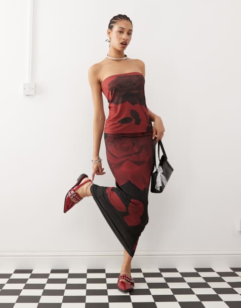 COLLUSION low rise maxi skirt with red bloom print co-ord