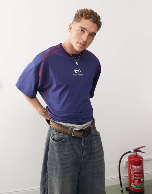 COLLUSION Sports contrast stitch logo tee in blue, 2 of 4