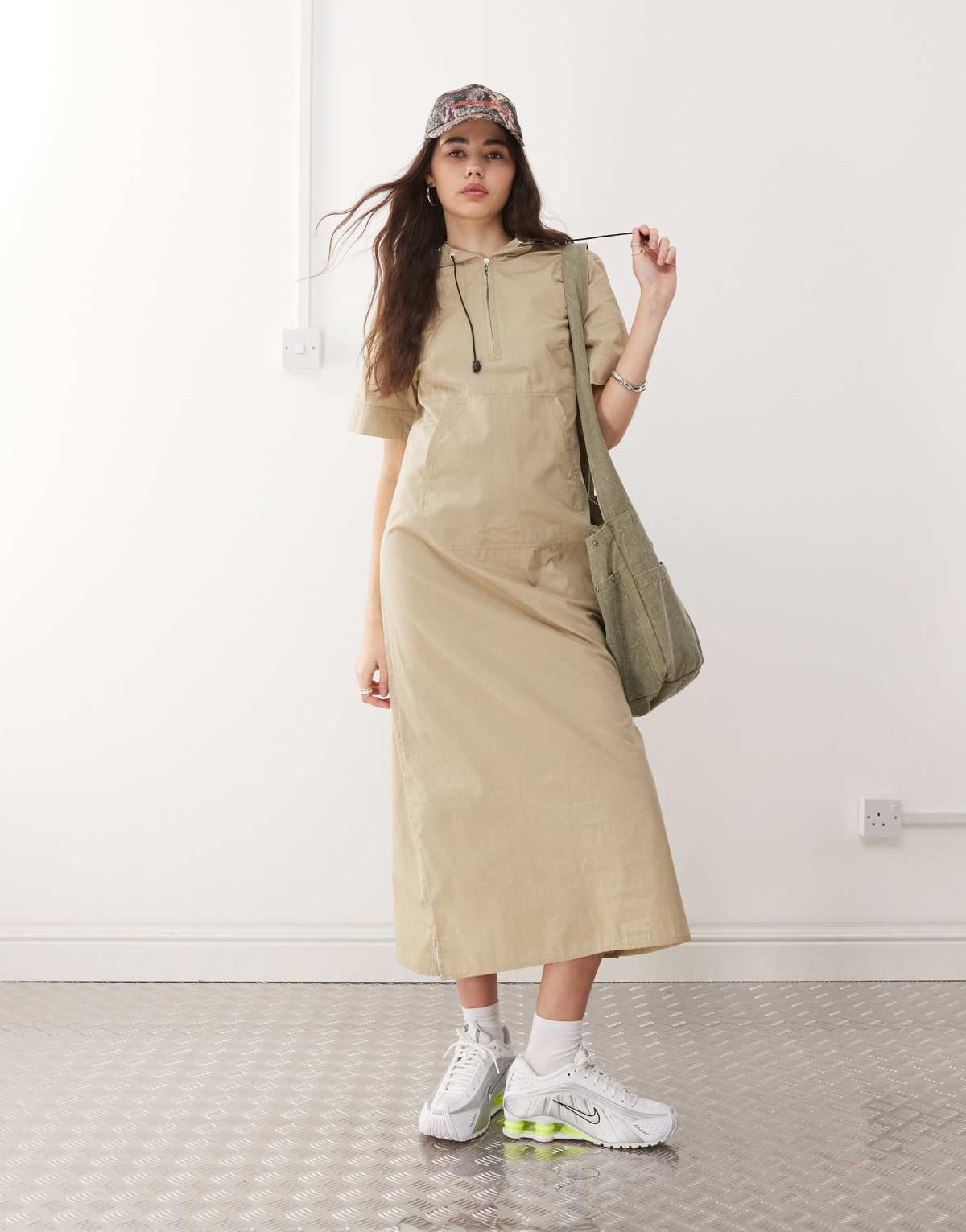 COLLUSION sports hooded A-line maxi in stone