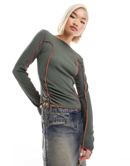 COLLUSION sporty contrast seam long sleeve top in khaki