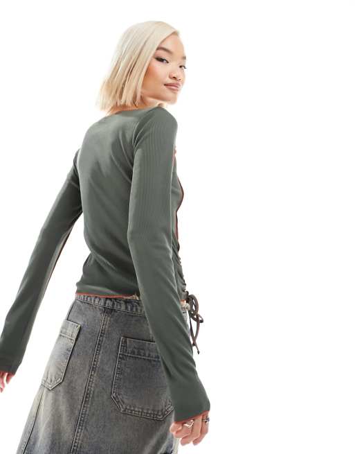 COLLUSION sporty contrast seam long sleeve top in khaki, 3 of 4