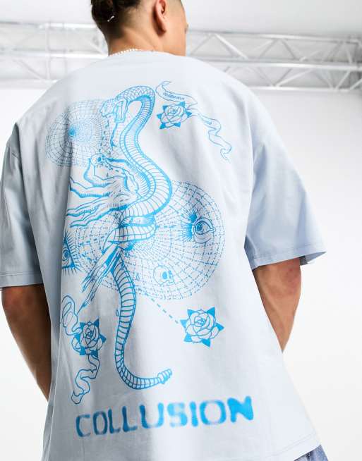COLLUSION – Sprany niebieski T-shirt z krótkimi rękawami i nadrukiem węża