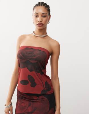 COLLUSION square neck bandeau top with red bloom print co-ord