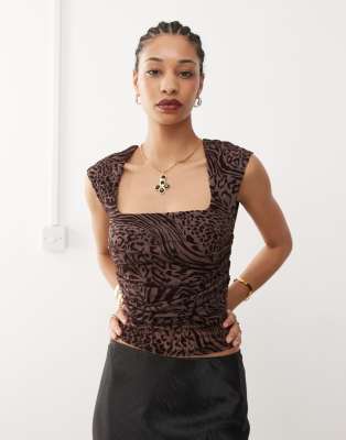 square neck cap sleeve drape top in brown leopard devore