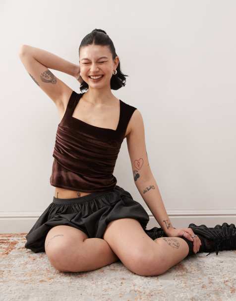 COLLUSION square neck cap sleeve top in chocolate velvet - view 1